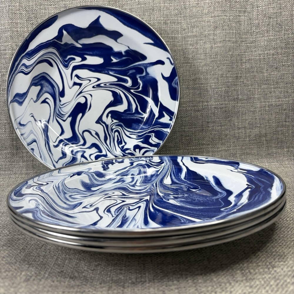 Pottery Barn Marbled Enamel Dinner Plates Blue White Swirl Set of 4 10" NWT
